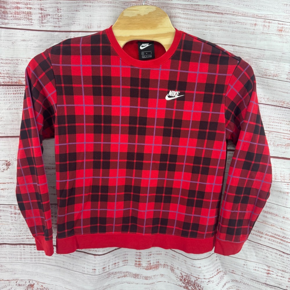 Nike Sweater Mens Medium Red Black Buffalo Check Plaid Crewneck Sweatshirt